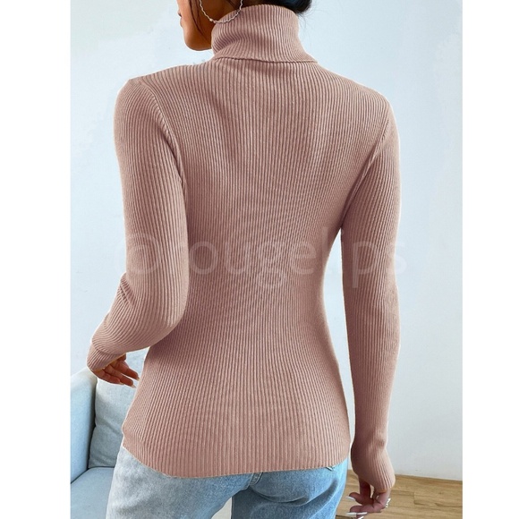 Dusty Pink Sweater Top Rib-Knit High Neck Turtleneck Long Sleeve - Picture 3 of 8